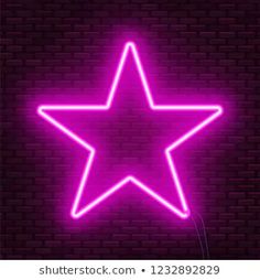 a purple neon star on a brick wall