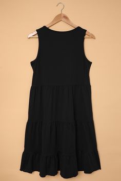 Black Scoop Neck Sleeveless Smocked Tank Dress Black Sleeveless Dress For Beach, Black Solid Sleeveless Spring Dress, Black Solid Color Sleeveless Dress For Spring, Sleeveless Black Dress With Smocked Back, Black Sleeveless Dress With Smocked Back, Sleeveless Dress With Smocked Back, Casual Black Sleeveless Dress For Vacation, Black Sleeveless Dress With Ruffles For Vacation, Casual Black