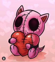 a pink cartoon cat holding a heart