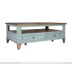 an old blue coffee table with drawers on one side and two drawers on the other