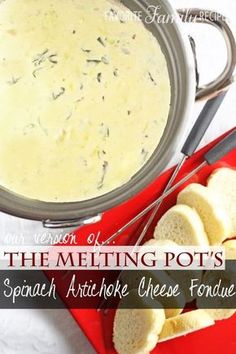 the melting pot's spanish artichoke cheese fondue is ready to be eaten