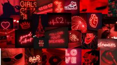 a collage of neon signs and symbols in red, pink, black and white