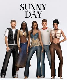 an animated group of people standing next to each other in front of a sunny day sign