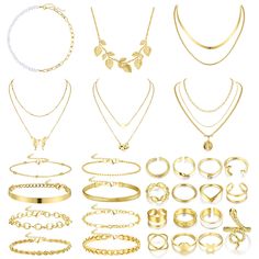 PRICES MAY VARY. ➤【Gold Jewelry for Women】Our affordable package includes 6pcs gold necklaces, 8pcs gold bracelets, 15pcs gold knuckle rings, different designs and enough quantity, more choices for your everyday wear, perfect jewelry sets for women. ➤【Reliable Material】Gold jewelry set are made of high quality alloy, it can maintain the color for a long time, not fade, lightweight and hypoallergenic, safe and comfortable to wear. ➤【Adjustable Size】Stacking rings come in many different sizes, fas Knuckle Rings Gold, Gold Jewelry Set, Best Gift For Wife, Amazon Jewelry, Valentine Anniversary, Jewelry Bracelets Gold, Gold Jewelry Sets, Ringe Gold, Chain Bracelets