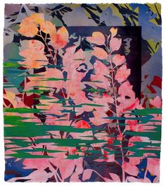 an abstract painting with pink flowers and green leaves