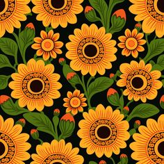 an image of sunflowers with green leaves and brown centers on black background seamless pattern