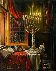 a painting of a lit menorah on a table next to an open book