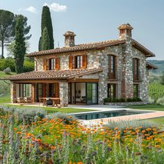 an image of a house that is in the middle of some flowers and plants around it