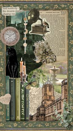 a collage of books, clocks and other items in a frame with flowers on it