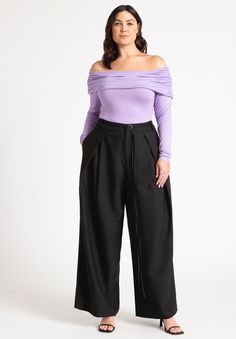 Pleat Detail Trouser With Long Belt Off Shoulder Long Sleeve Top, Plus Size Chic, Off The Shoulder Top, Waist Belt, Bottoms Pants, Long Sleeve Top, Wide Leg Pants, Shoulder Top, Off The Shoulder