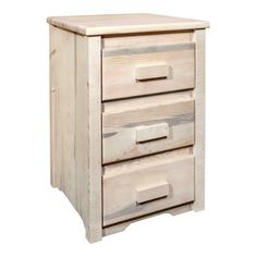 a wooden cabinet with three drawers on one side and an open drawer on the other