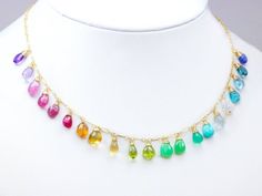 SOLID GOLD 14K Precious Gemstone Necklace Rainbow Necklace Colorful Stone Necklace Multi Stone Drop Fairy Ball, Colorful Explosion, Ombre Bracelet, Multi Gemstone Necklace, Multi Gemstone Bracelet, Amazonite Necklace, Necklace Colorful, Rainbow Gemstones, Chakra Necklace