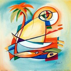 an abstract painting with fish and palm tree