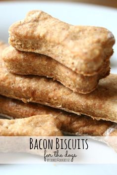 bacon biscuits stacked on top of each other with the words bacon biscuits for the dogs