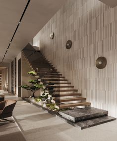 the stairs in this modern house are made of wood and stone, with plants growing on them