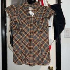 A Shirt Thing Gray/Orange/Black Plaid Blouse. See Pic For Size. Final Sale Orange Short Sleeve Blouse For Fall, Gold Sequin Shorts, Poncho Style Top, Lantern Sleeved Blouses, Printed Silk Blouses, Poncho Style, Plaid Blouse, Black Plaid, Boho Tops