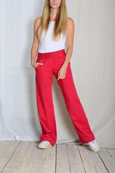 Y2K Red Lightweight Cotton Womens Pants Marked size: unmarked no tags Estimated Size: Waist 28 In Size Small Inside leg: 31.5 In (80 cm) Pants total length: 40.6 In (103 cm) Waist: 28.4 In (72 cm) Rise: 9.5 In (24 cm) Material: unmarked but feels like cotton or cotton mix The model in this pic is 170cm tall (Size S) 🥦 Dare to dream big 🔑 Be sure to contact us with any questions :) Womens Trousers, Womens Pants, Latvia, Trousers Women, Festival Season, The Model, Capri Pants, Capri, Bathing Beauties