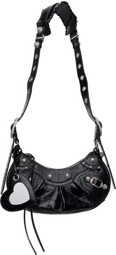 Croc-embossed calfskin shoulder bag in black. · Crystal-cut studs and pin-buckles throughout · Adjustable shoulder strap · Detachable mirror at strap · Gathering at face · Zip closure · Cotton canvas lining · Antiqued silver-tone hardware · H5 x W10 x D2.5 Supplier color: Black Balenciaga Crossbody Bag, Mexico Trip, Balenciaga Fashion, Balenciaga Black, Balenciaga Bag, Black Xs, Black Crystals, Antique Silver, Calf Skin