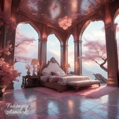 an artistic bedroom with pink flowers on the ceiling and windows in the wall, along with a large bed