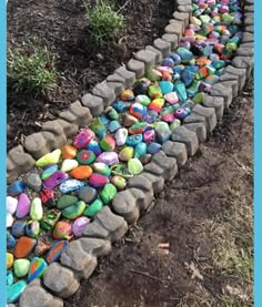 there are many rocks that have been made into a garden path in the grass and on the ground