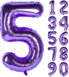 the number five is made out of purple foil balloons and numbers are also in english