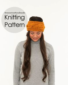 a woman wearing a knitted headband with the words knitting pattern above her face