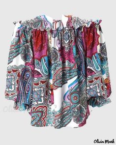 Olivia Mark - Top de manga blusa con estampado tribal y hombros descubiertos para mujer Blouse Size Chart, Lantern Sleeve Top, Lantern Sleeved Blouses, Chiffon Fashion, Floral Outfit, Blouse Material, Lantern Sleeve, Off Shoulder Tops, Lantern Sleeves