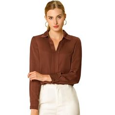 The smooth, soft, and minimalist design updates this collared no-buttons shirt for understated charm. This seriously chic long sleeves shirt is the perfect way to elegantly elevate any outfit. Allegra K simple shirt is an elegant take on a wardrobe classic, featuring a stylish v-neckline. The charm of women is shown perfectly at this moment. Office Elegant, Women's Office, Womens Office, Wardrobe Classic, Women's Button Down Shirt, Elegant Blouses, Satin Shirt, Simple Shirts, Work Shirt