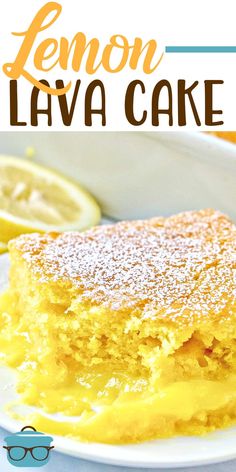 a lemon lava cake on a plate with the title in the middle and below it