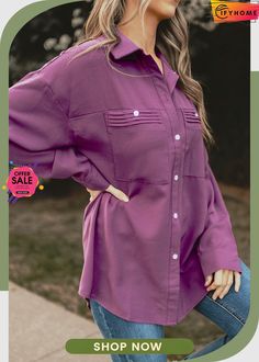 Purple Solid Pocket Long Sleeve Button-up Shirt Solid Button-up Shirt With Pockets, Button-up Shirt With Pockets, Long Sleeve Shirt With Button Closure For Fall, Fall Long Sleeve Shirt With Button Closure, Solid Color Shirt With Button Closure And Spread Collar, Solid Shirt With Spread Collar And Button Closure, Shirt With Button Closure And Spread Collar, Collared Shirt With Pockets, Lapel Collar Shirt With Pockets