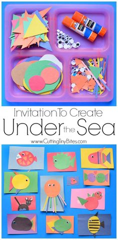 an ocean themed tray with paper cutouts and crayons to make it look like the