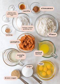 the ingredients to make pumpkin pie are shown in bowls and labeled with labels on them