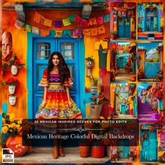 mexican heritage colorful digital backdrops for photoshopping and painting with an image of a woman standing in front of a brightly colored doorway