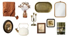 there are many different items on this white background, including vases, plates and other things