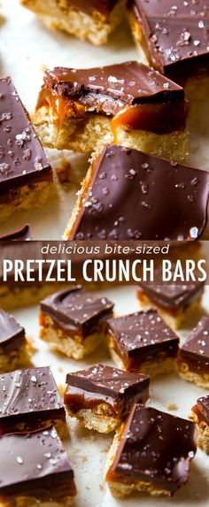 chocolate pretzel crunch bars are stacked on top of each other with the words, delicious