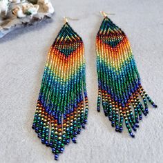 Rainbow Fringe Dangle Earrings, Rainbow Dangle Earrings With Fringe, Rainbow Fringe Dangle Jewelry, Bohemian Rainbow Beaded Earrings With Fringe, Multicolor Beaded Fringe Earrings For Party, Multicolor Beaded Tassel Earrings For Party, Multicolor Long Drop Fringe Earrings, Multicolor Beaded Fringe Drop Earrings, Multicolor Fringe Beaded Drop Earrings