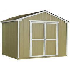 a small storage shed with the doors open and windows closed on it's side