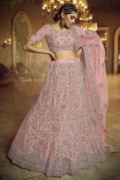 Exclusive Peach Color Net Fabric Reception Wear Lehenga Choli Floor-length Embroidered Choli For Reception, Embroidered Floor-length Choli For Reception, Semi-stitched Embroidered Lehenga For Reception, Pink Semi-stitched Embroidered Gown, Pink Semi-stitched Choli With Floral Embroidery, Semi-stitched Pink Choli With Floral Embroidery, Pink Floral Embroidered Choli For Reception, Pink Lehenga With Floral Embroidery, Pink Lehenga With Floral Embroidery In Traditional Drape