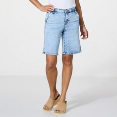 DG2 by Diane Gilman New Classic Stretch Denim Straight-Leg City Short  From city streets to country backroads, these denim straight-leg city shorts have got you covered (literally) in superior style! The longer hemline hits just above the knee creating a stylishly slimming effect that balances your figure perfectly. They're the perfect addition to any sunny-day outfit. Knee-length Denim Shorts In Denim Blue, Denim Blue Knee-length Denim Shorts, Fitted Denim Knee Shorts, Denim Knee-length Shorts For Spring, Casual Medium Wash Knee-length Jeans Shorts, Spring Medium Wash Knee-length Jeans Shorts, Denim Blue Knee-length Shorts For Spring, Light Wash Knee-length Jeans Shorts For Spring, Light Wash Knee-length Shorts For Spring