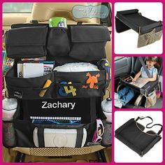 the back seat organizer is filled with personal items and has multiple pockets to keep things organized