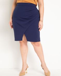 Score a breezy look with this plus size skirt, made for getaways and weekends with style on point Chic Tailored Knee-length Pencil Skirt, Pleated Elastane Skirt For Workwear, Fitted Asymmetrical Skirt For Office, Summer Workwear Elastane Pencil Skirt, Summer Workwear Pencil Skirt In Elastane, Relaxed Knee-length Skirt For Business Casual, Knee-length Lined Elastane Skirt, Flattering Knee-length Elastane Skirt, Elastane Lined Skirt For Business Casual