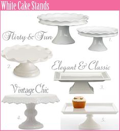 white cake stands with cupcakes on them and the words vintage & classic written below