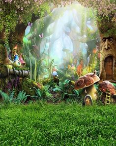 an image of a forest scene with mushrooms and fairy houses in the grass, surrounded by trees