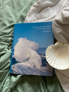 an open book sitting on top of a bed next to a seashell