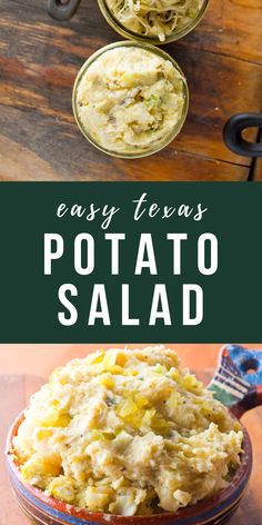 potato salad in a bowl with the title overlaying it's image and text