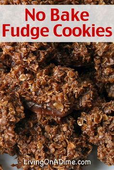 no bake fudge cookies on a plate with text overlay that reads, no bake fudge cookies