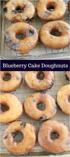 blueberry cake doughnuts on a cooling rack with the words blueberry cake doughnuts above them