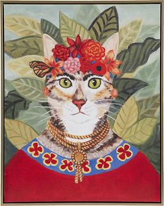 a painting of a cat with flowers on its head and leaves around it's neck