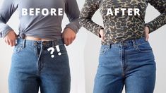 two women in jeans with the words before and after on their stomachs, one woman has her hands behind her back