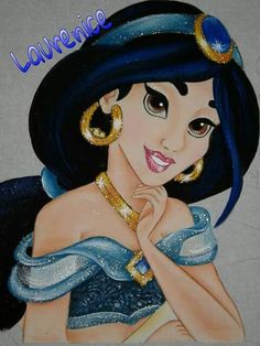 a drawing of a woman with blue hair and gold jewelry on her head, wearing a tiara